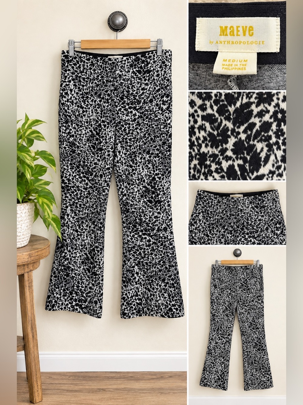 Anthropologie Maeve The Margot Kick Flare Cropped Pants Black White Floral M